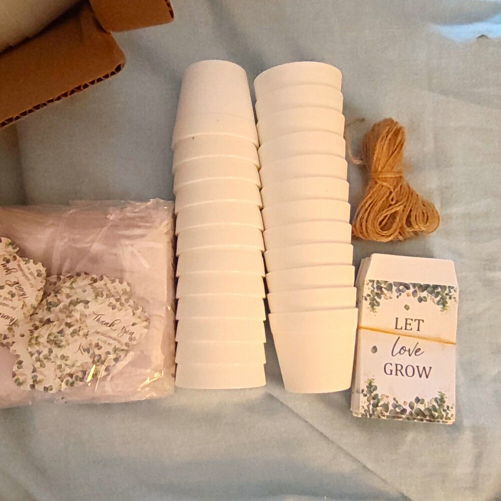 Botanical Wedding Favor Set: White Pots, Cups, Twine, Favor Boxes, Tags, Bags